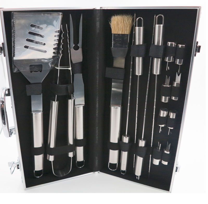 17 Piece BBQ Tool Set (including Shovel, clip, fork, brush, four skewers, eight corn needles,aluminum case)