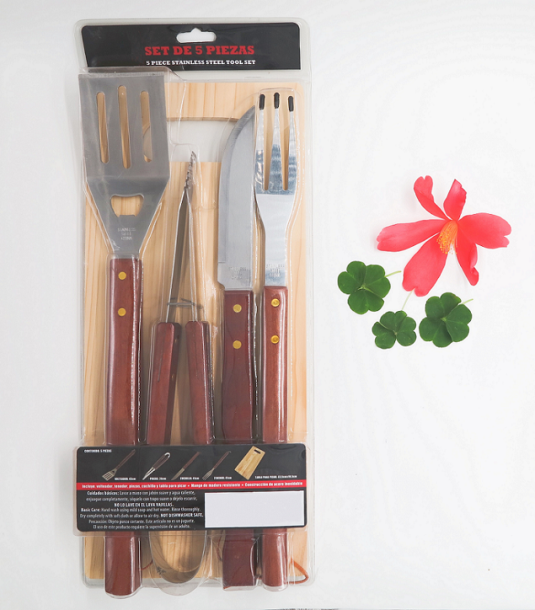 5 Piece BBQ Tool Set (including Shovel, clamp, knife, fork,wooden